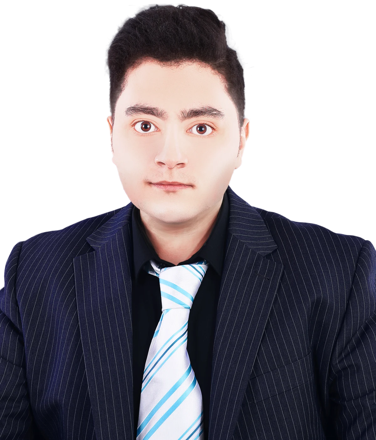 Mohamed Eassa, studio portrait in a navy pinstripe suit and striped tie